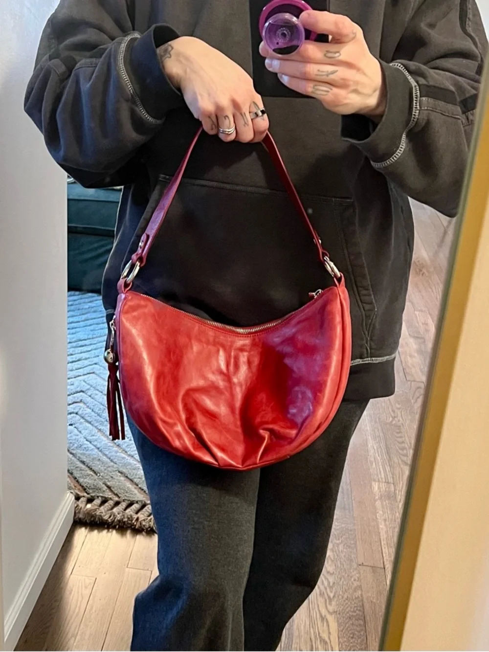Vintage HOBO Red Leather Shoulder Bag with Side Zipper and Tassel - Picture 12 of 16